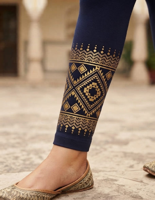 NIRVII Women's Navy Blue Ethnic Print Ankle Leggings – Soft & Comfortable