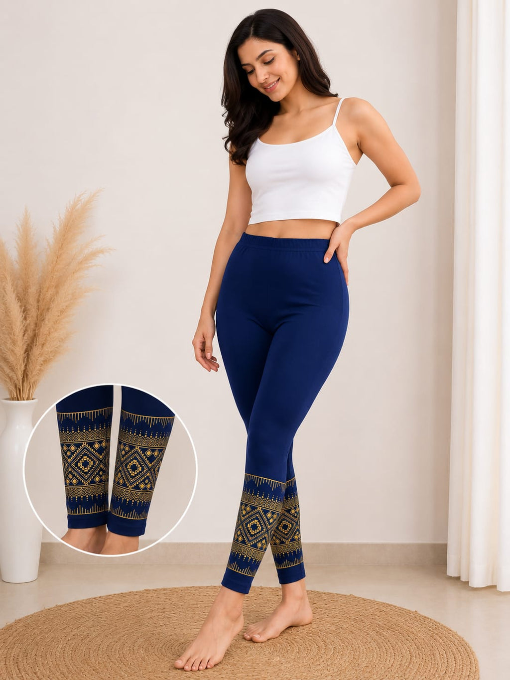 NIRVII Women's Navy Blue Ethnic Print Ankle Leggings – Soft & Comfortable