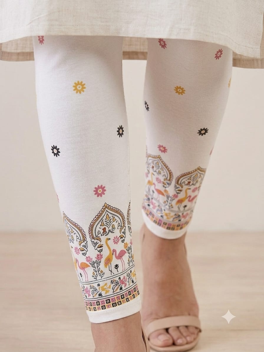 NIRVII Women's White Ethnic Floral Printed Ankle Leggings – Elegant & Comfortable