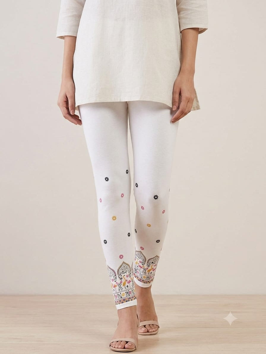 NIRVII Women's White Ethnic Floral Printed Ankle Leggings – Elegant & Comfortable