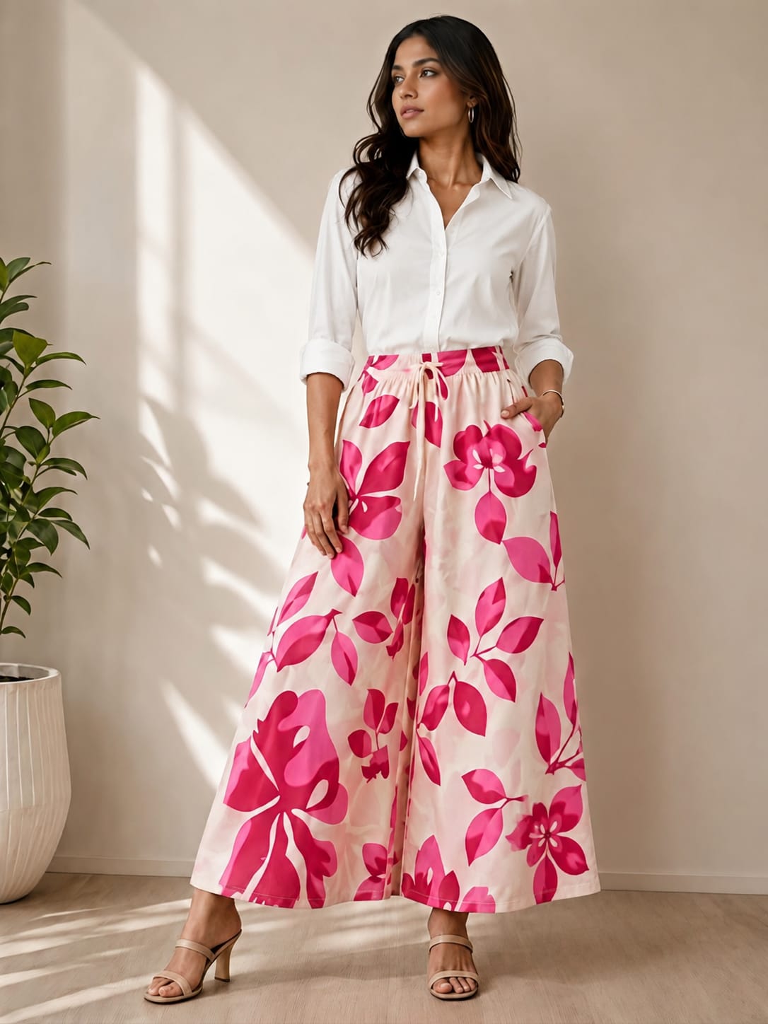 NIRVII Women's Pink Floral Printed Wide-Leg Palazzo – Premium Packing | Soft, Comfortable & Stylish