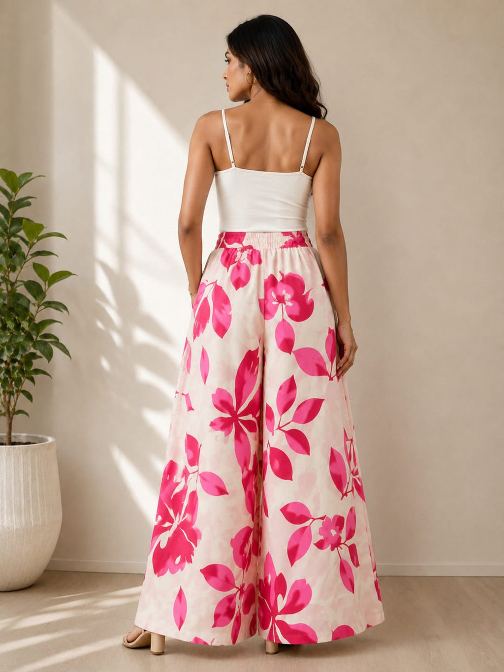 NIRVII Women's Pink Floral Printed Wide-Leg Palazzo – Premium Packing | Soft, Comfortable & Stylish
