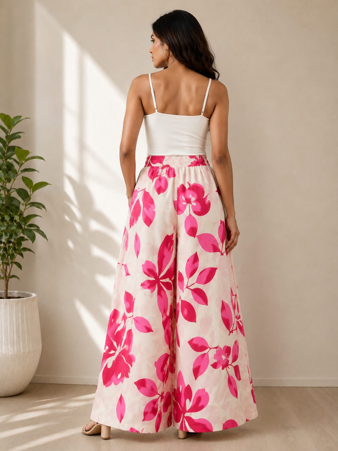 NIRVII Women's Pink Floral Printed Wide-Leg Palazzo – Premium Packing | Soft, Comfortable & Stylish