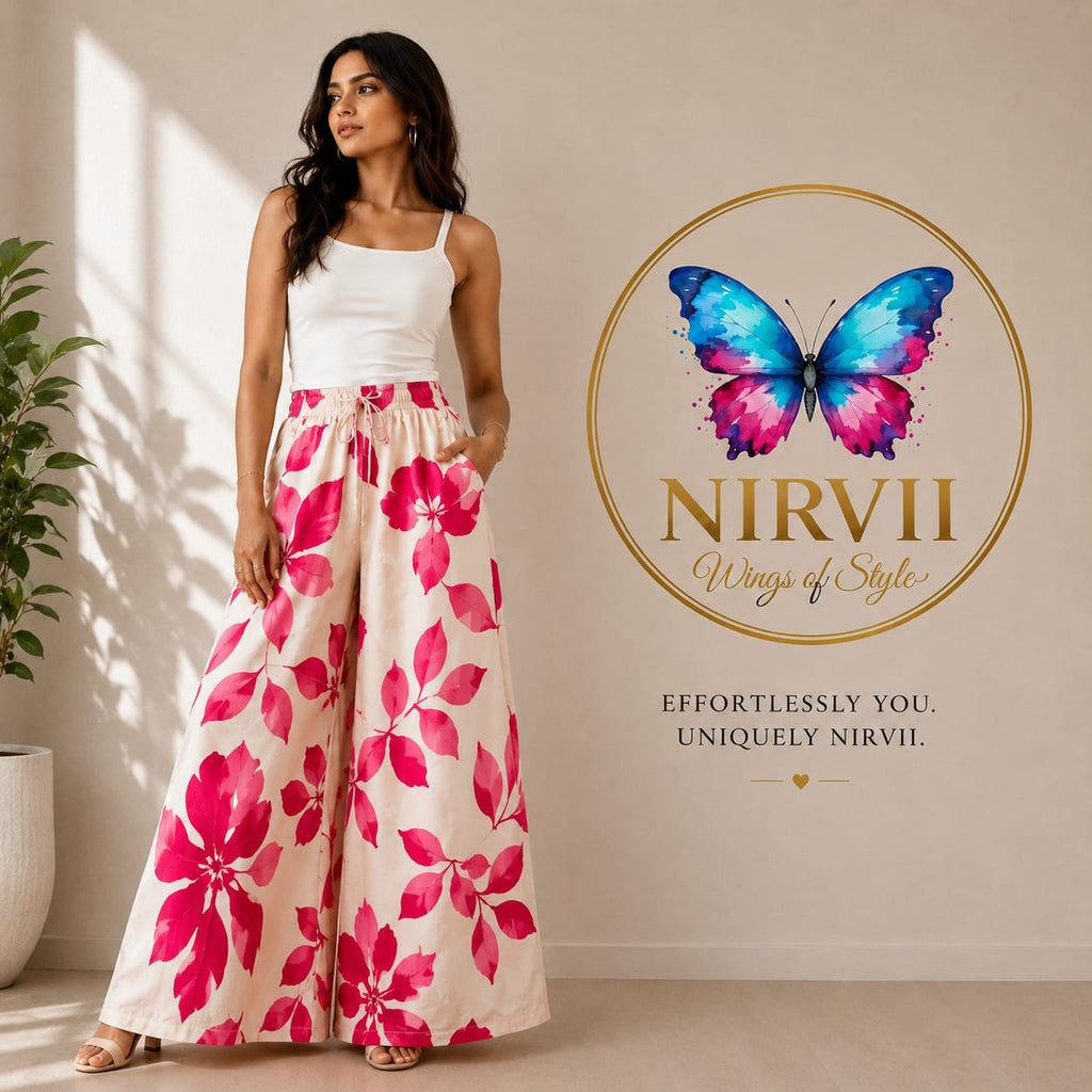 NIRVII Women's Pink Floral Printed Wide-Leg Palazzo – Premium Packing | Soft, Comfortable & Stylish