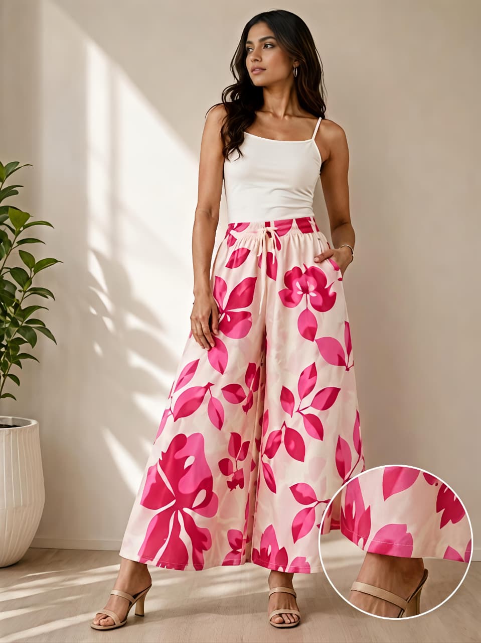 NIRVII Women's Pink Floral Printed Wide-Leg Palazzo – Premium Packing | Soft, Comfortable & Stylish