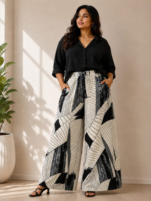 NIRVII Women's Abstract Leaf Printed Wide-Leg Palazzo with Pockets – Soft, Comfortable & Stylish | Premium Packaging
