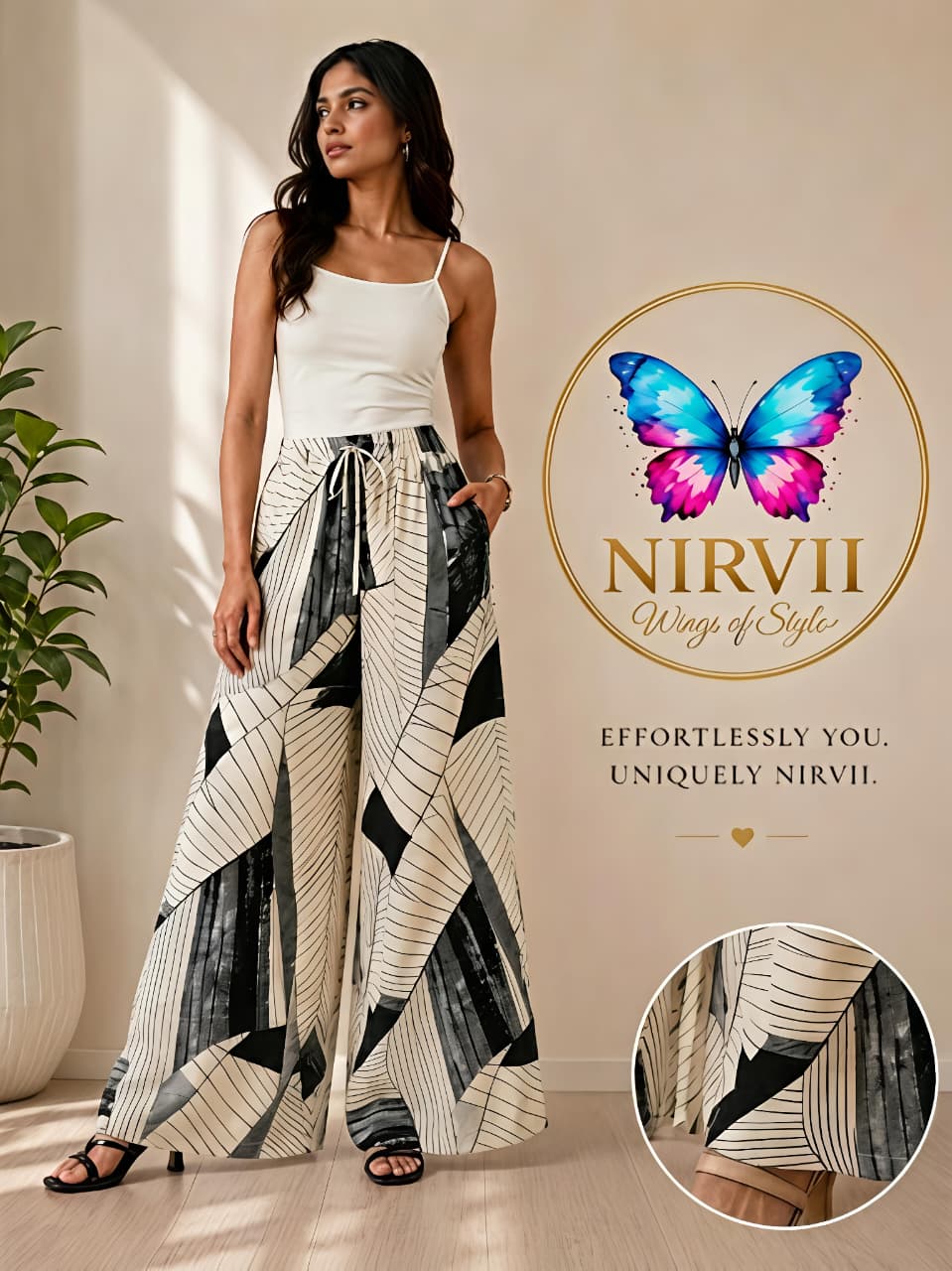 NIRVII Women's Abstract Leaf Printed Wide-Leg Palazzo with Pockets – Soft, Comfortable & Stylish | Premium Packaging