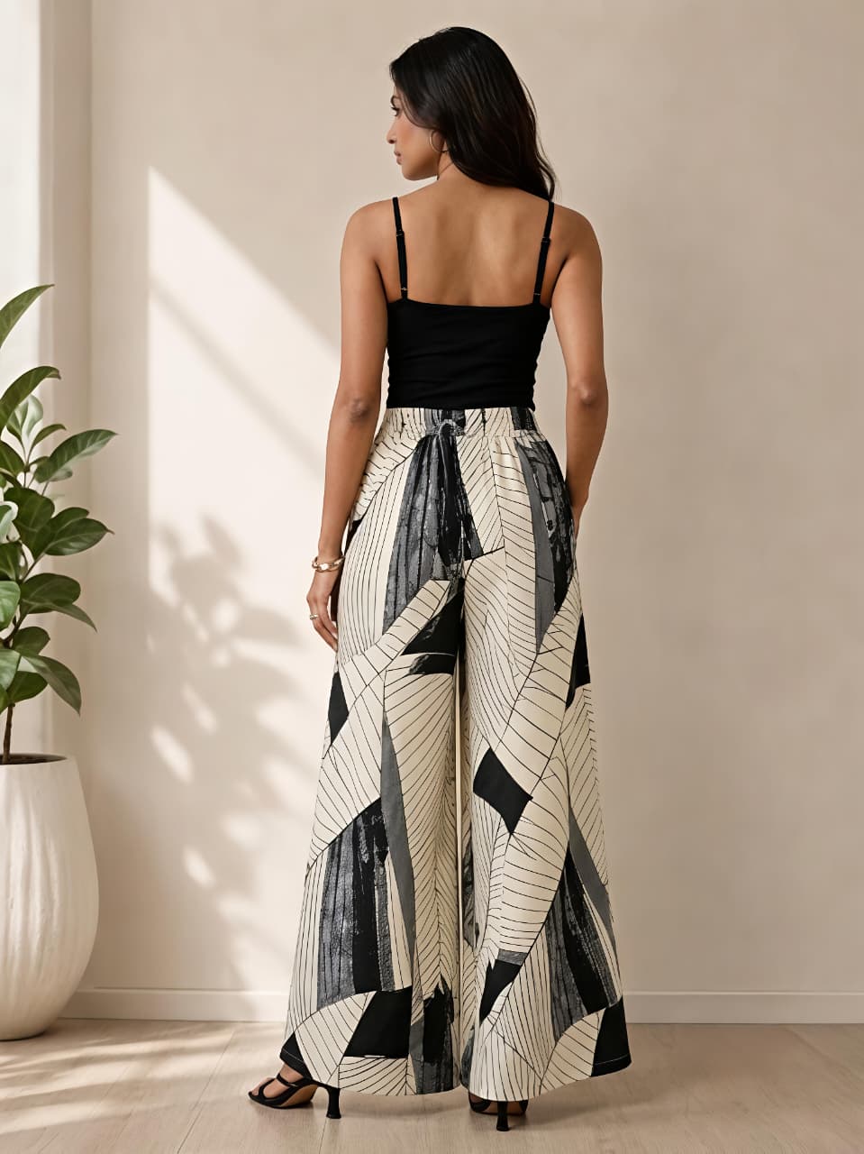 NIRVII Women's Abstract Leaf Printed Wide-Leg Palazzo with Pockets – Soft, Comfortable & Stylish | Premium Packaging