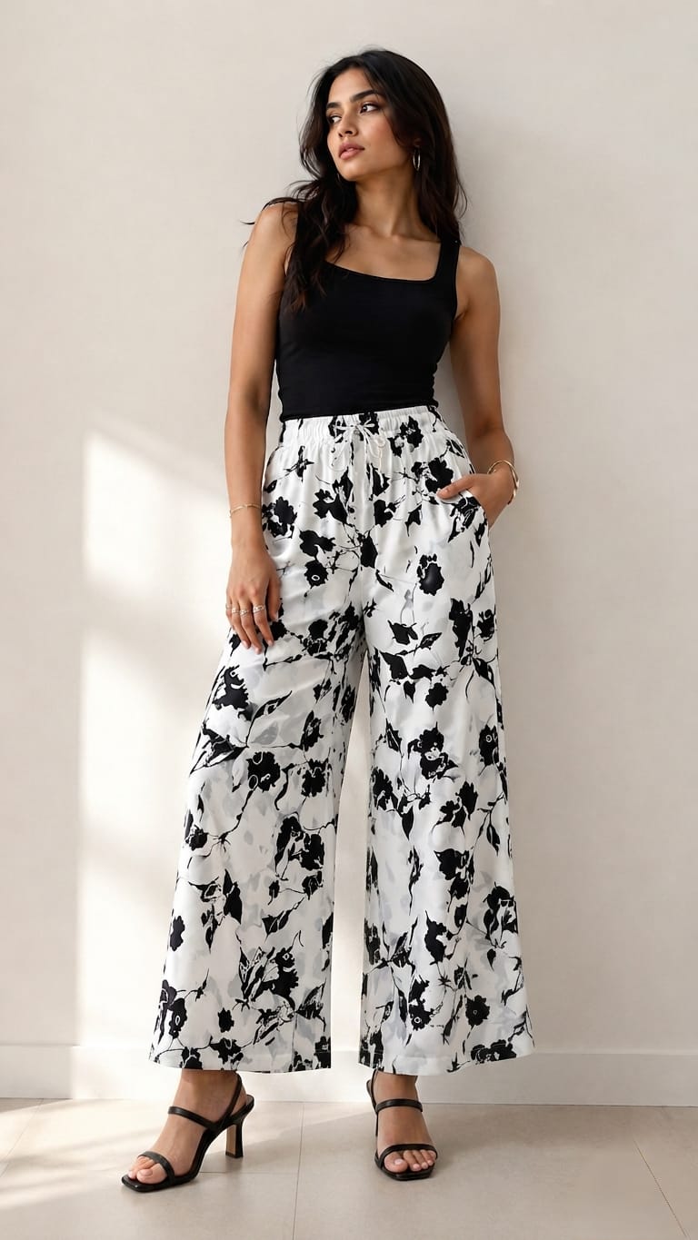 NIRVII Women's Black And White Floral Printed Wide-Leg Palazzo – Premium Packing | Soft, Comfortable & Stylish