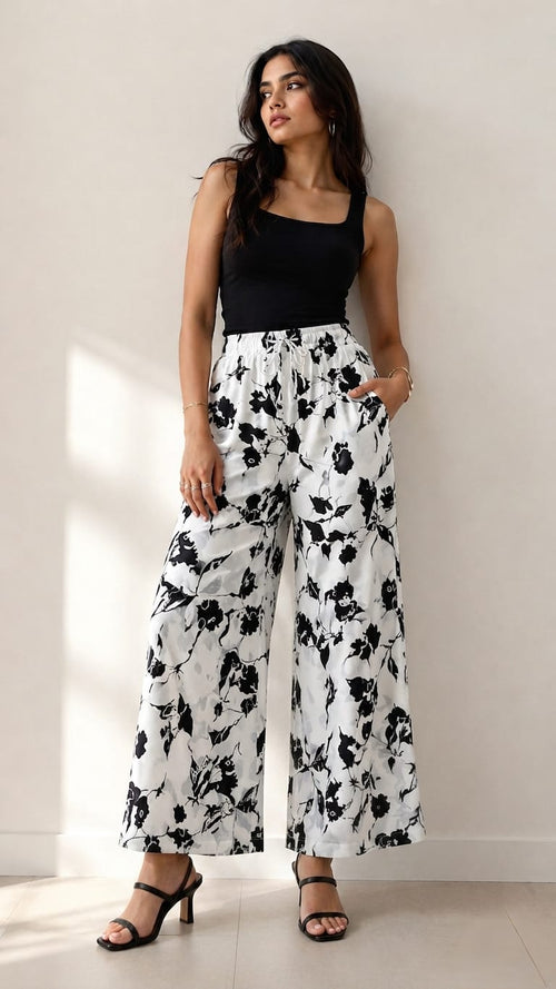 NIRVII Women's Black And White Floral Printed Wide-Leg Palazzo – Premium Packing | Soft, Comfortable & Stylish