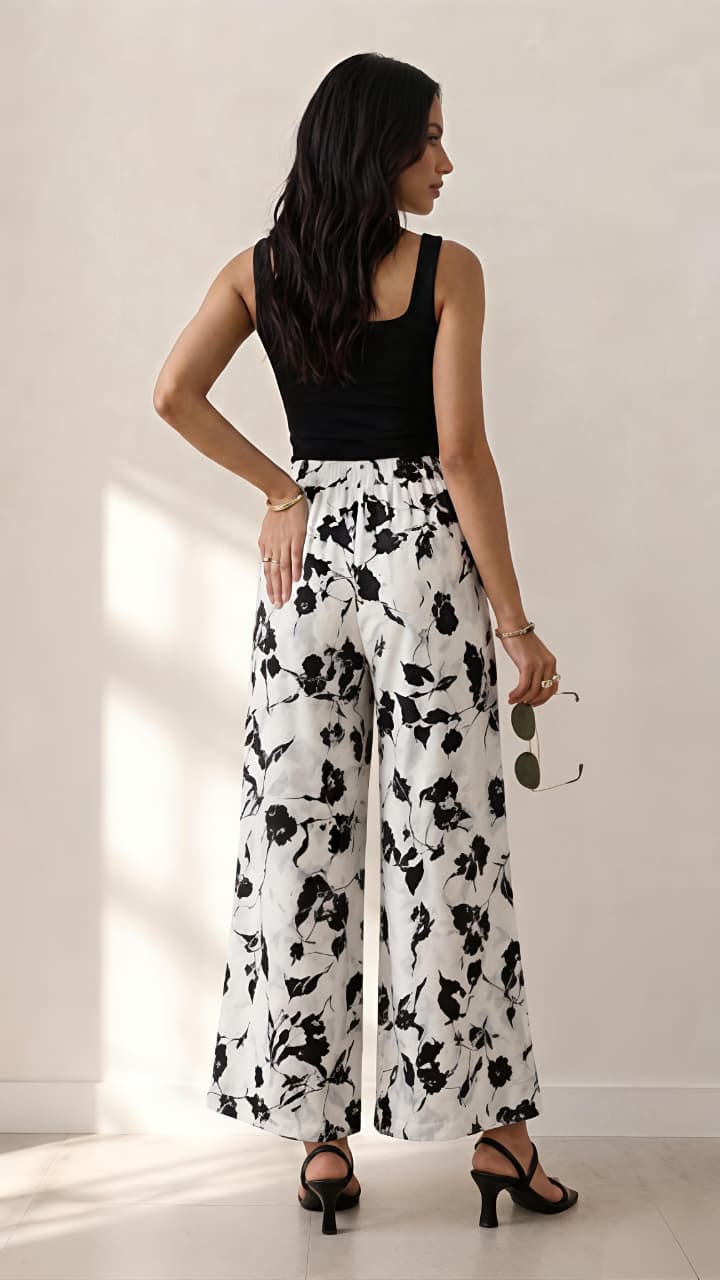 NIRVII Women's Black And White Floral Printed Wide-Leg Palazzo – Premium Packing | Soft, Comfortable & Stylish