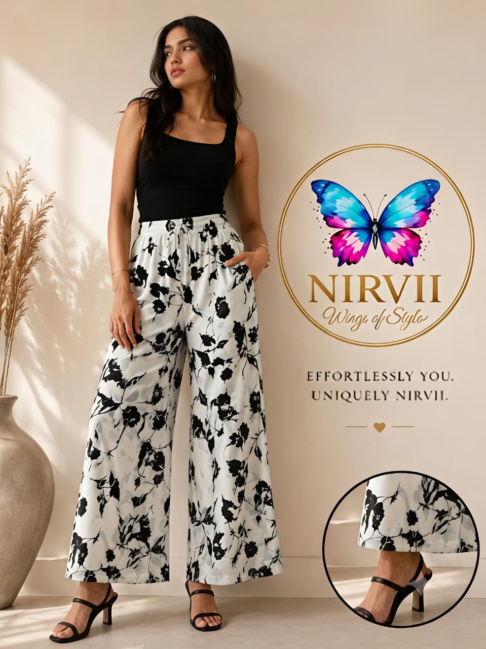 NIRVII Women's Black And White Floral Printed Wide-Leg Palazzo – Premium Packing | Soft, Comfortable & Stylish
