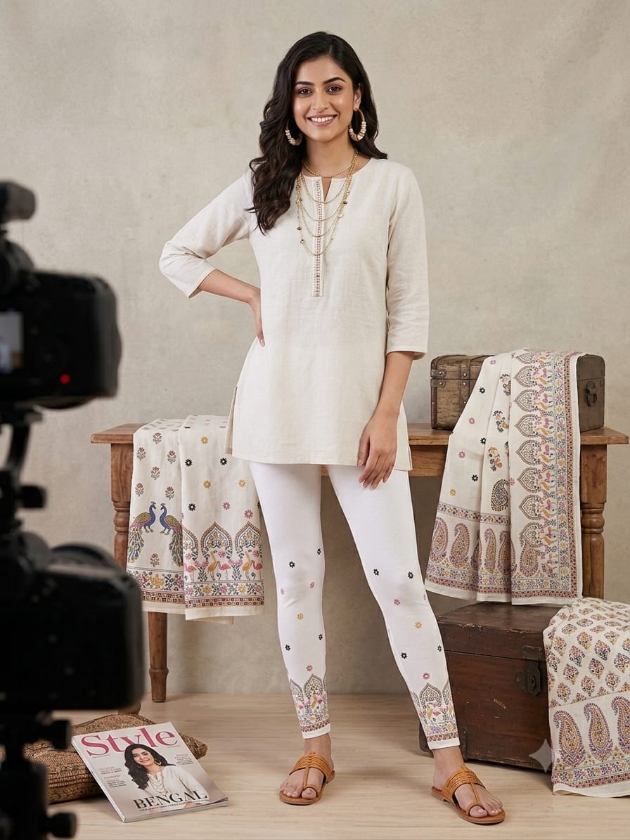 NIRVII Women's White Ethnic Floral Printed Ankle Leggings – Elegant & Comfortable
