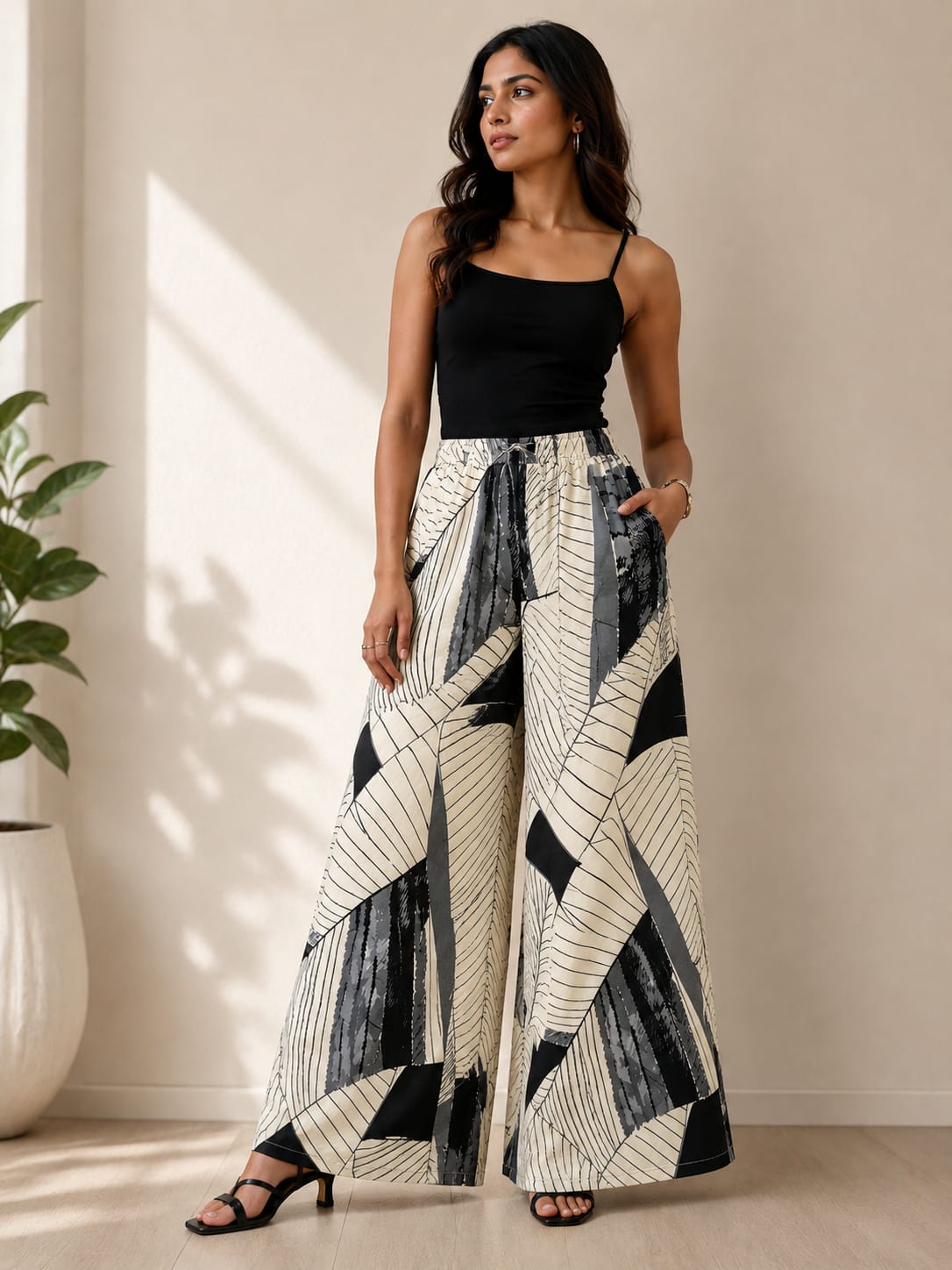 NIRVII Women's Abstract Leaf Printed Wide-Leg Palazzo with Pockets – Soft, Comfortable & Stylish | Premium Packaging